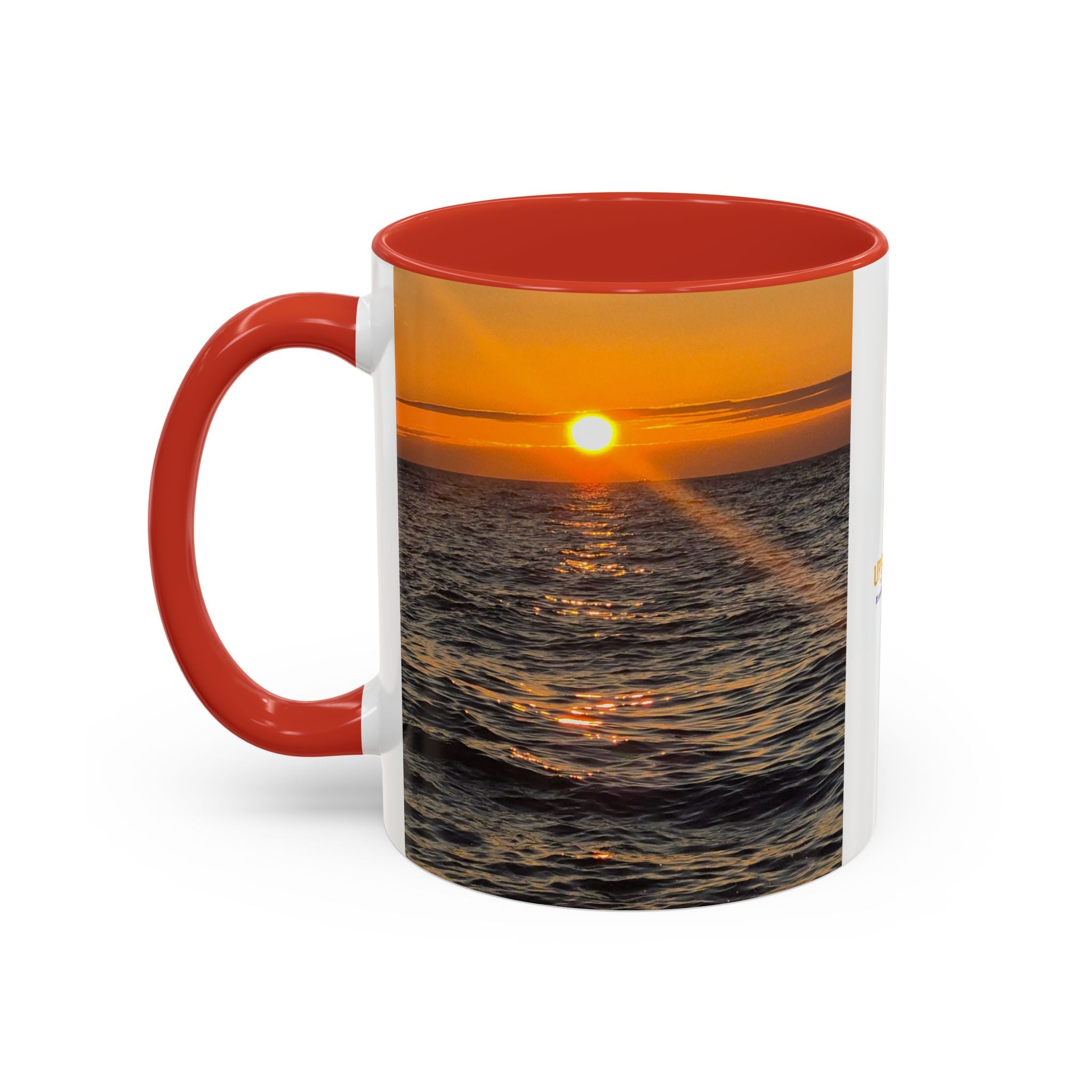 Sunset Beach Photo Accent Coffee Mug — 'UPSUNDOWN' Logo 11/15oz