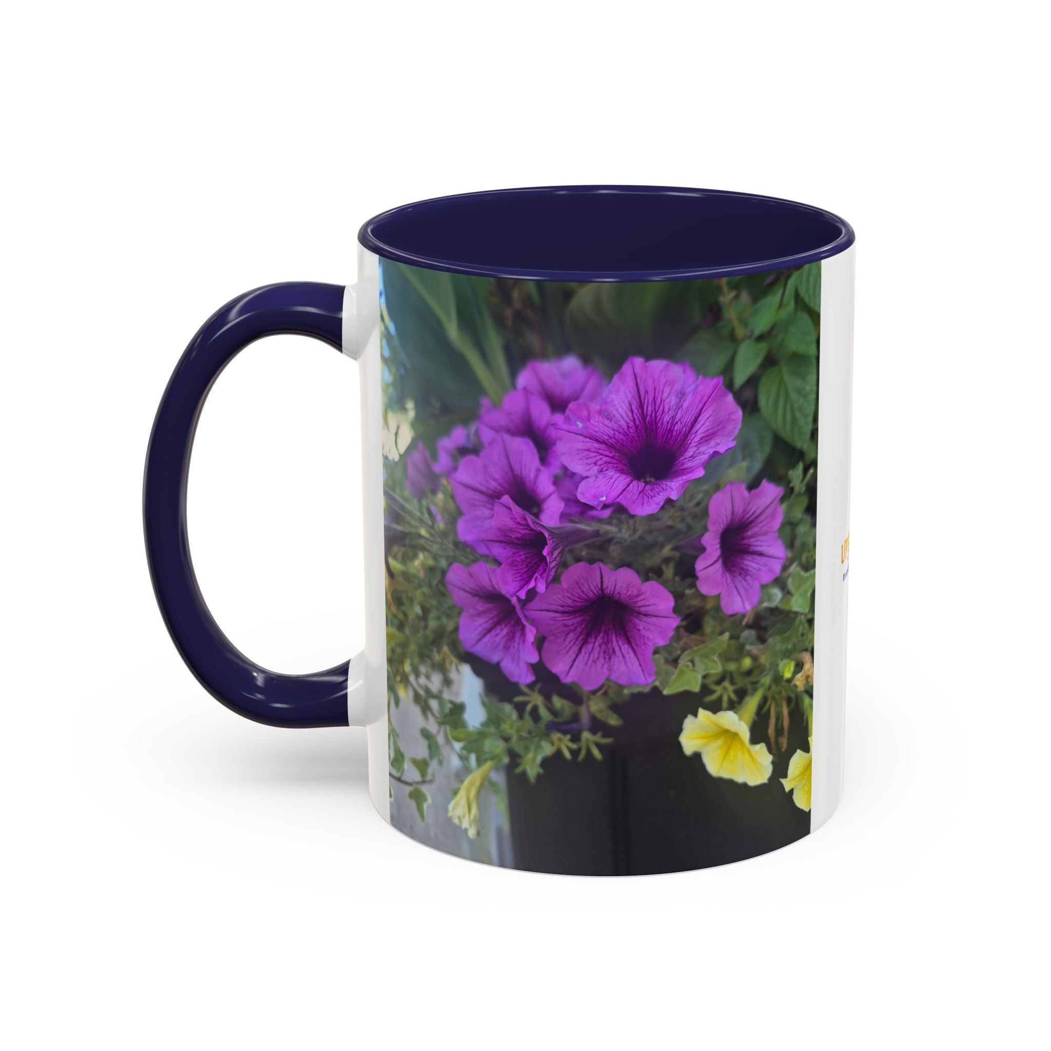 Floral Accent Coffee Mug — "Upsundown" Logo 11/15oz