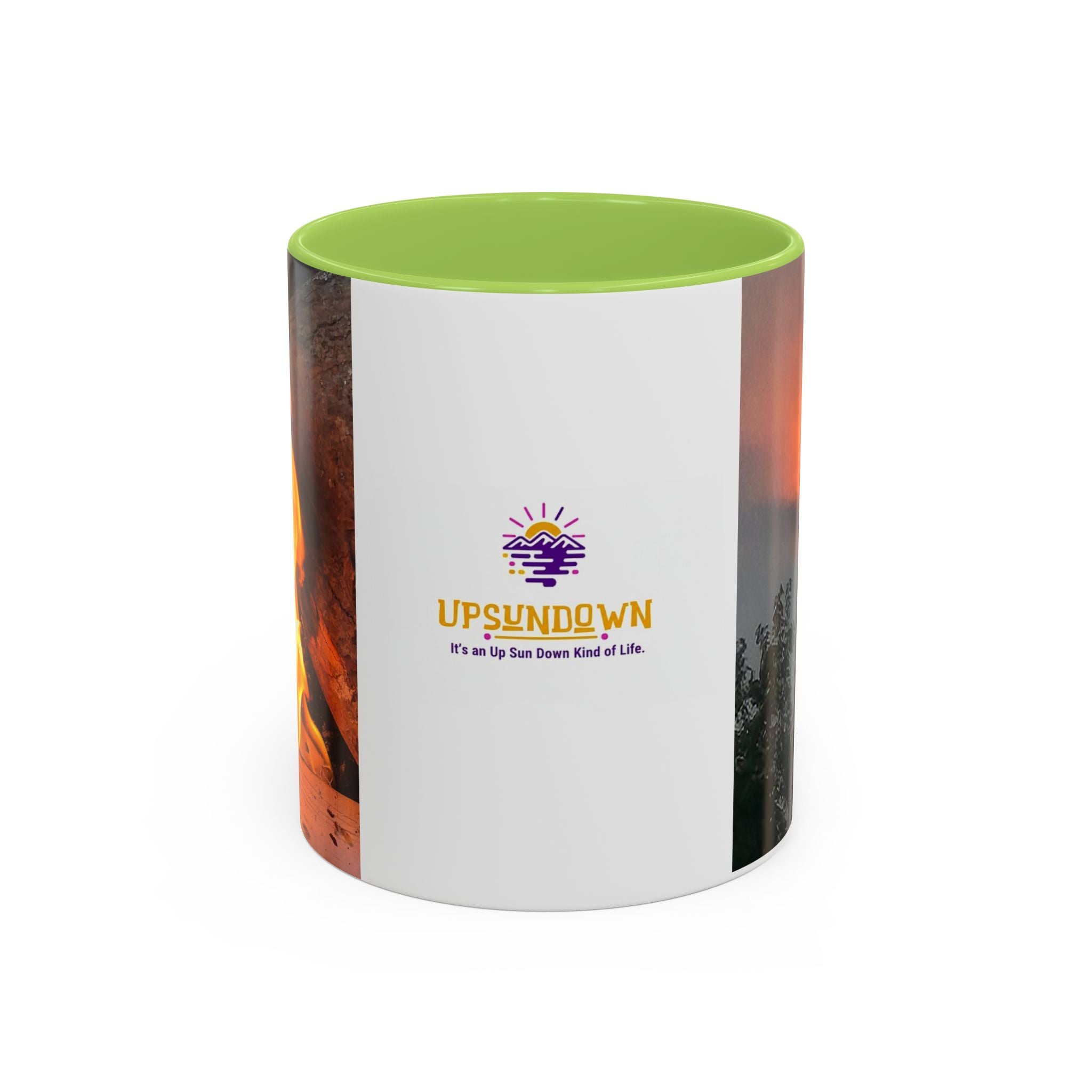 Sunset Bird Accent Coffee Mug — 'Upsindown' Logo Sunrise Scene, 11/15 oz
