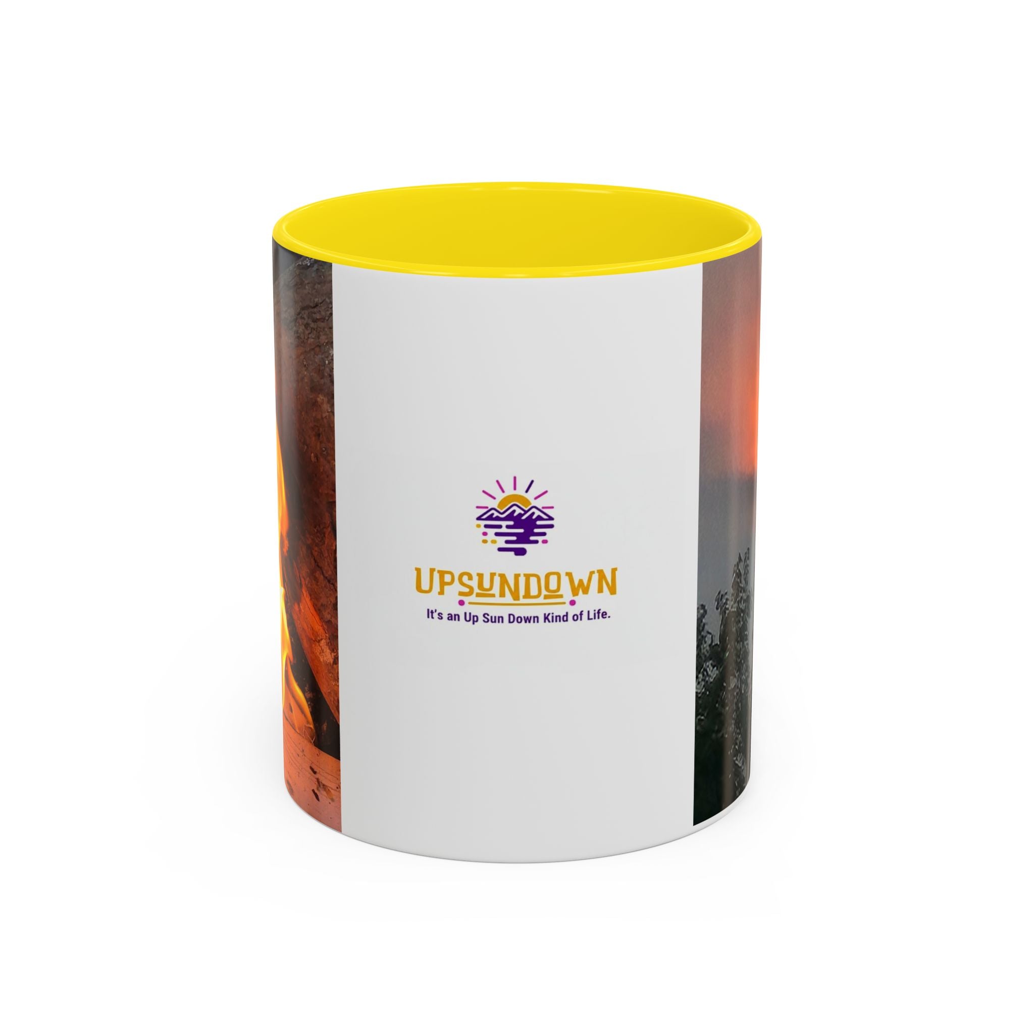 Sunset Bird Accent Coffee Mug — 'Upsindown' Logo Sunrise Scene, 11/15 oz
