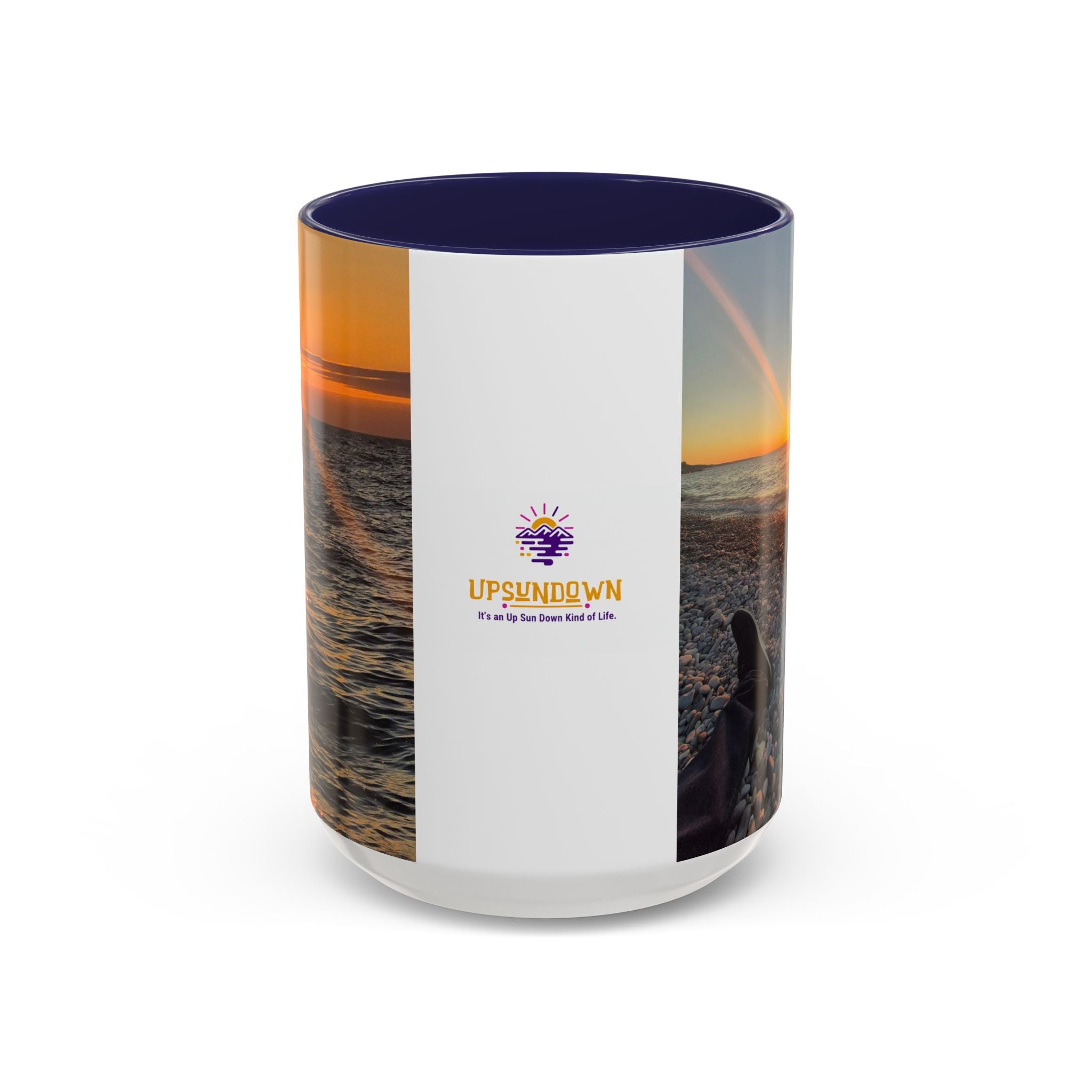 Sunset Beach Photo Accent Coffee Mug — 'UPSUNDOWN' Logo 11/15oz