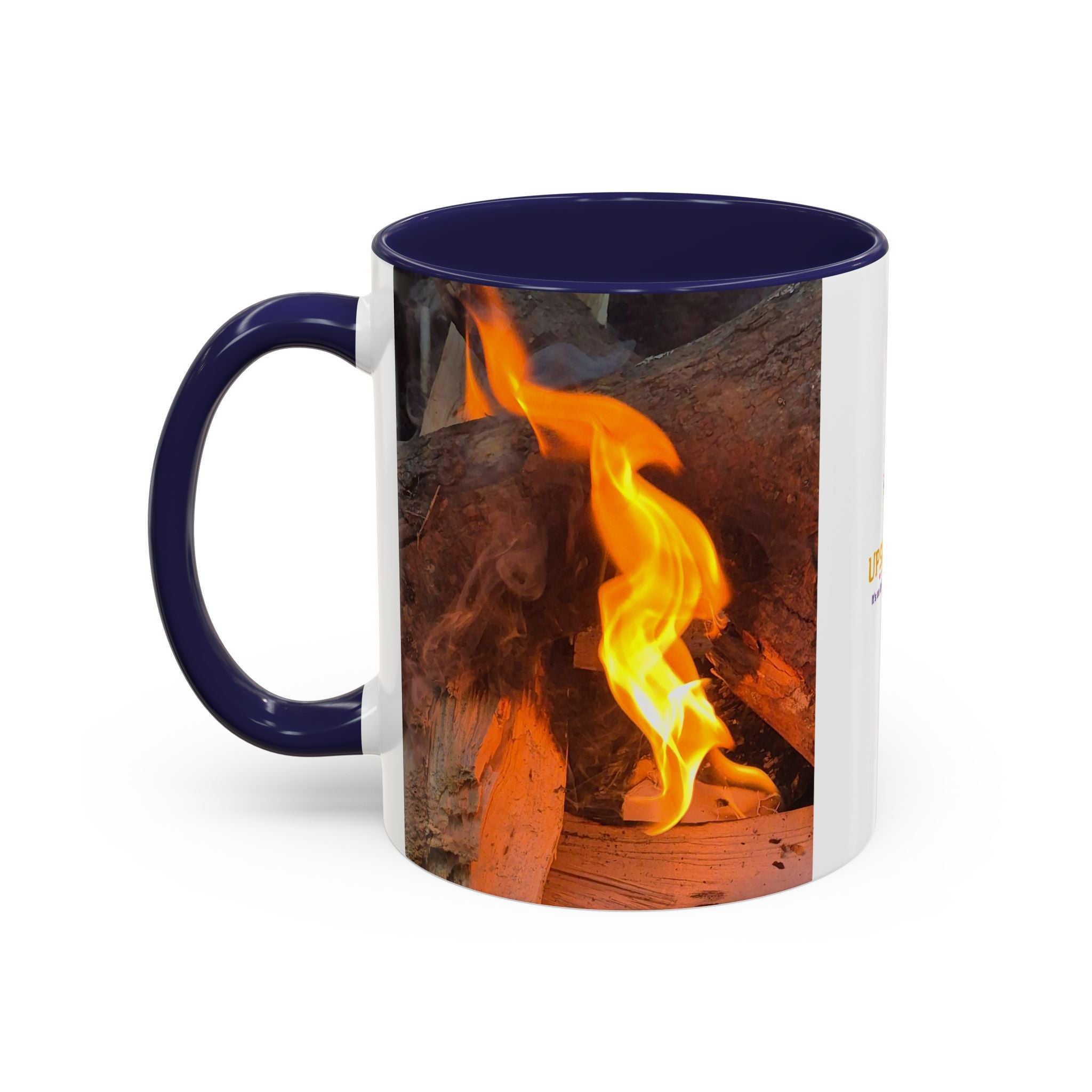 Sunset Bird Accent Coffee Mug — 'Upsindown' Logo Sunrise Scene, 11/15 oz