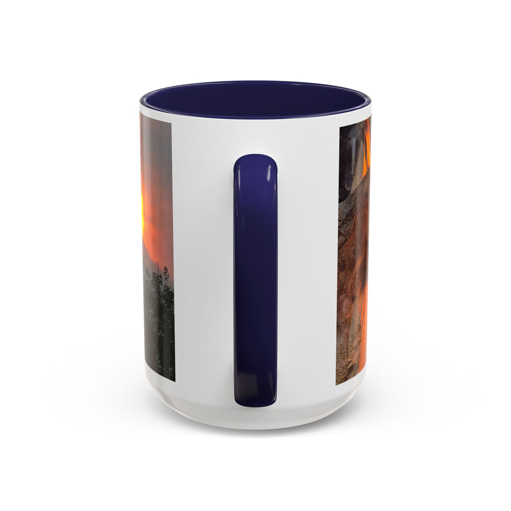 Sunset Bird Accent Coffee Mug — 'Upsindown' Logo Sunrise Scene, 11/15 oz