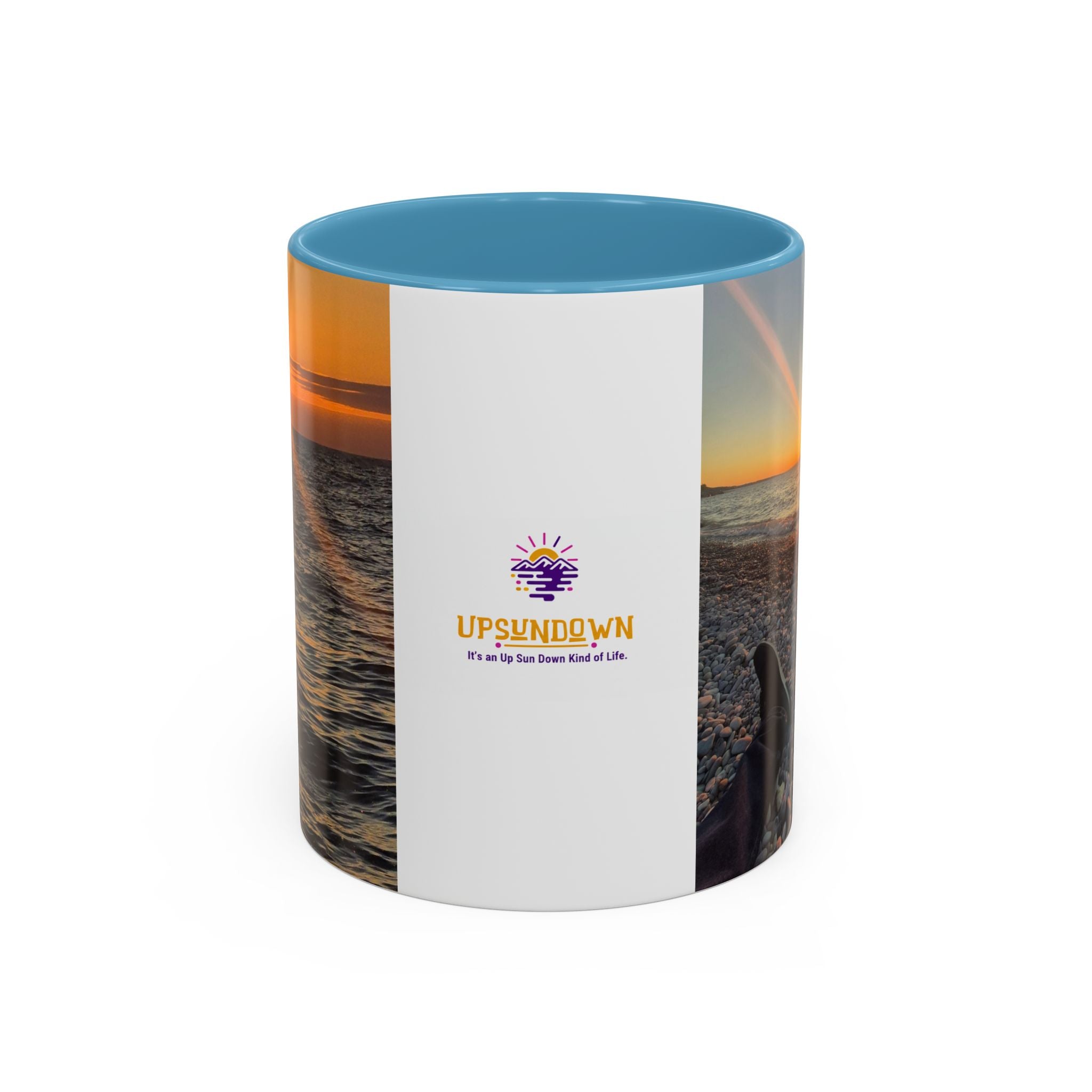 Sunset Beach Photo Accent Coffee Mug — 'UPSUNDOWN' Logo 11/15oz
