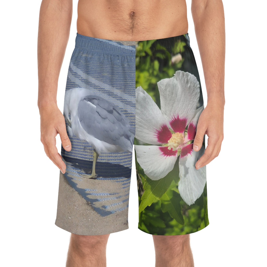Men's Floral Seagull Board Shorts - Vibrant Beachwear for Summer Adventures