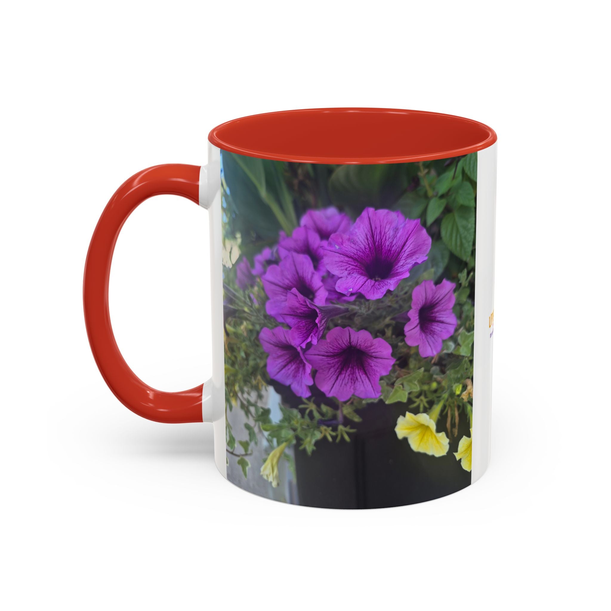Floral Accent Coffee Mug — "Upsundown" Logo 11/15oz