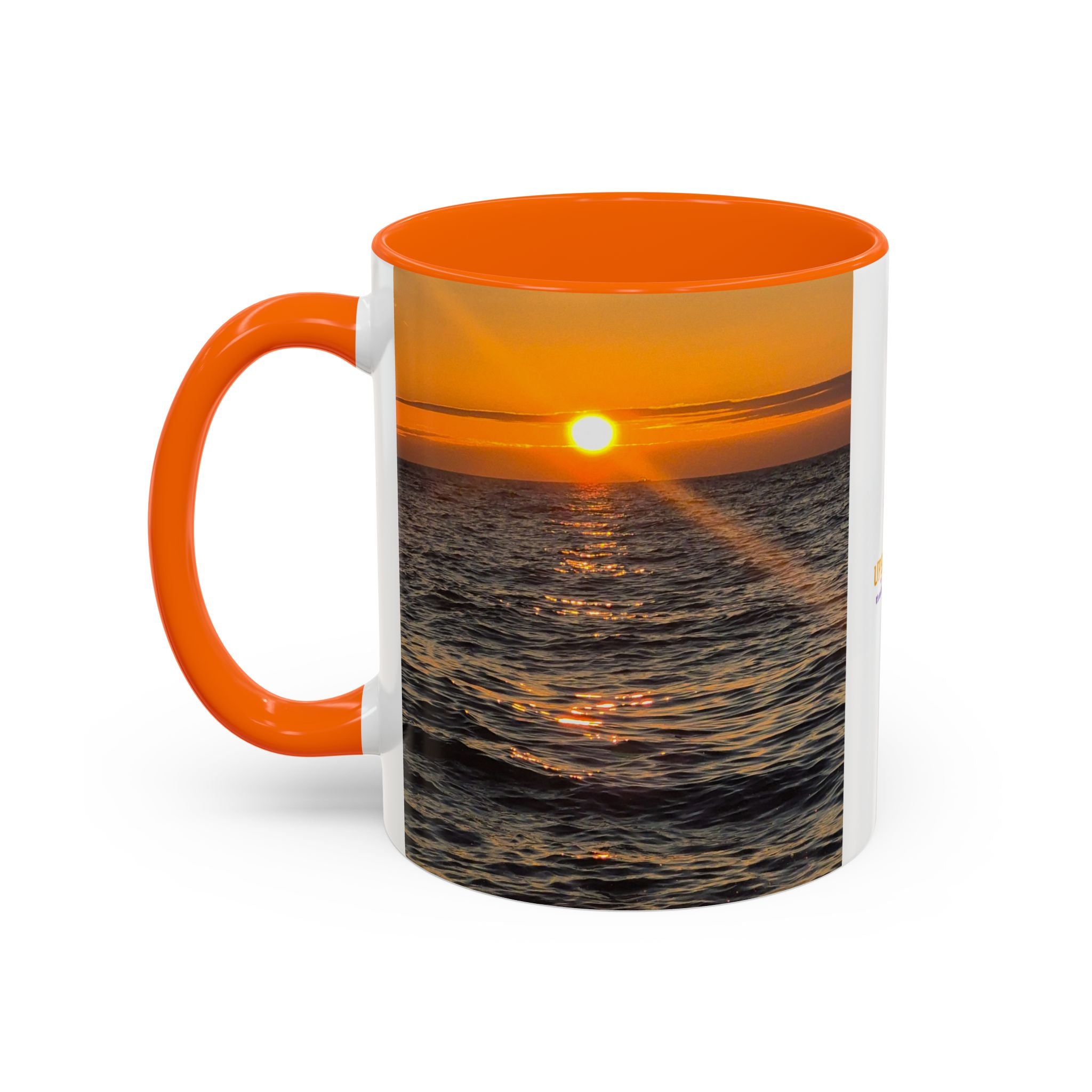 Sunset Beach Photo Accent Coffee Mug — 'UPSUNDOWN' Logo 11/15oz