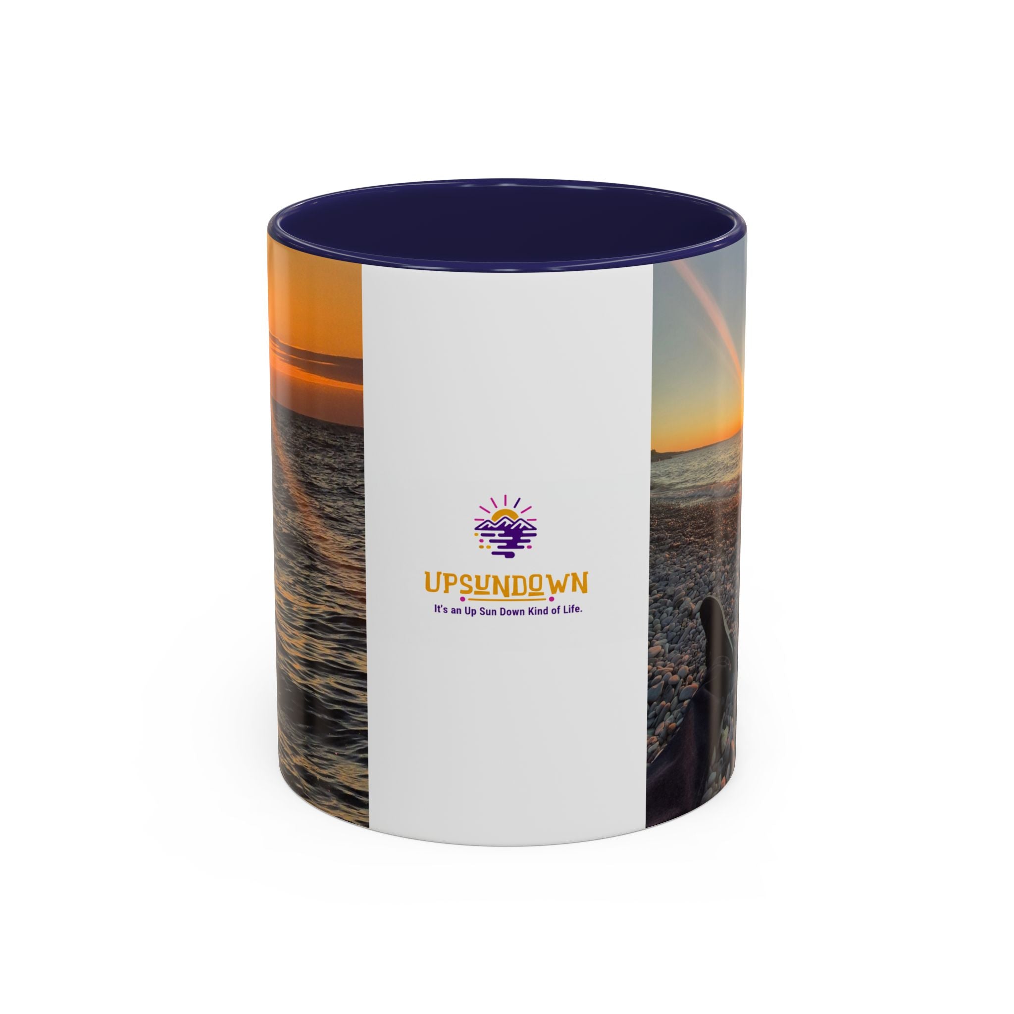 Sunset Beach Photo Accent Coffee Mug — 'UPSUNDOWN' Logo 11/15oz
