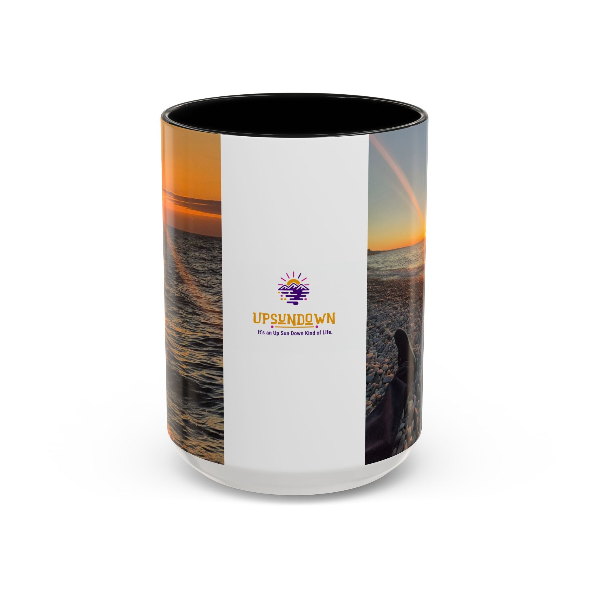 Sunset Beach Photo Accent Coffee Mug — 'UPSUNDOWN' Logo 11/15oz