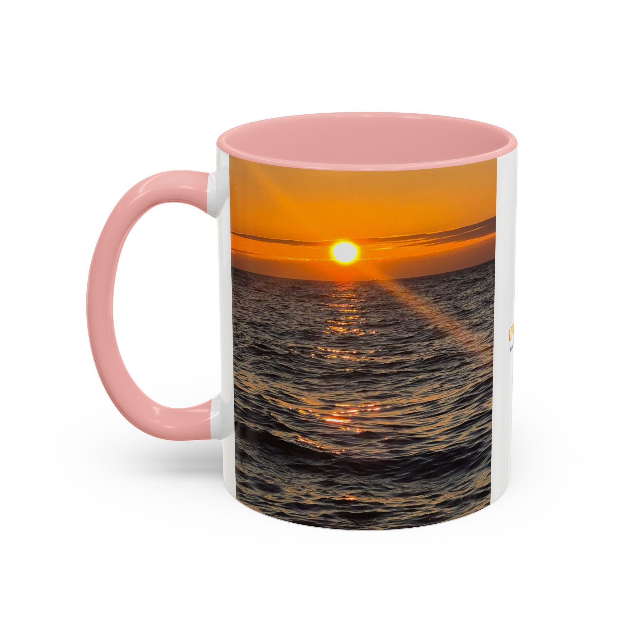 Sunset Beach Photo Accent Coffee Mug — 'UPSUNDOWN' Logo 11/15oz