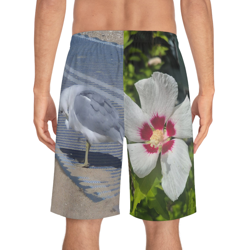 Men's Floral Seagull Board Shorts - Vibrant Beachwear for Summer Adventures
