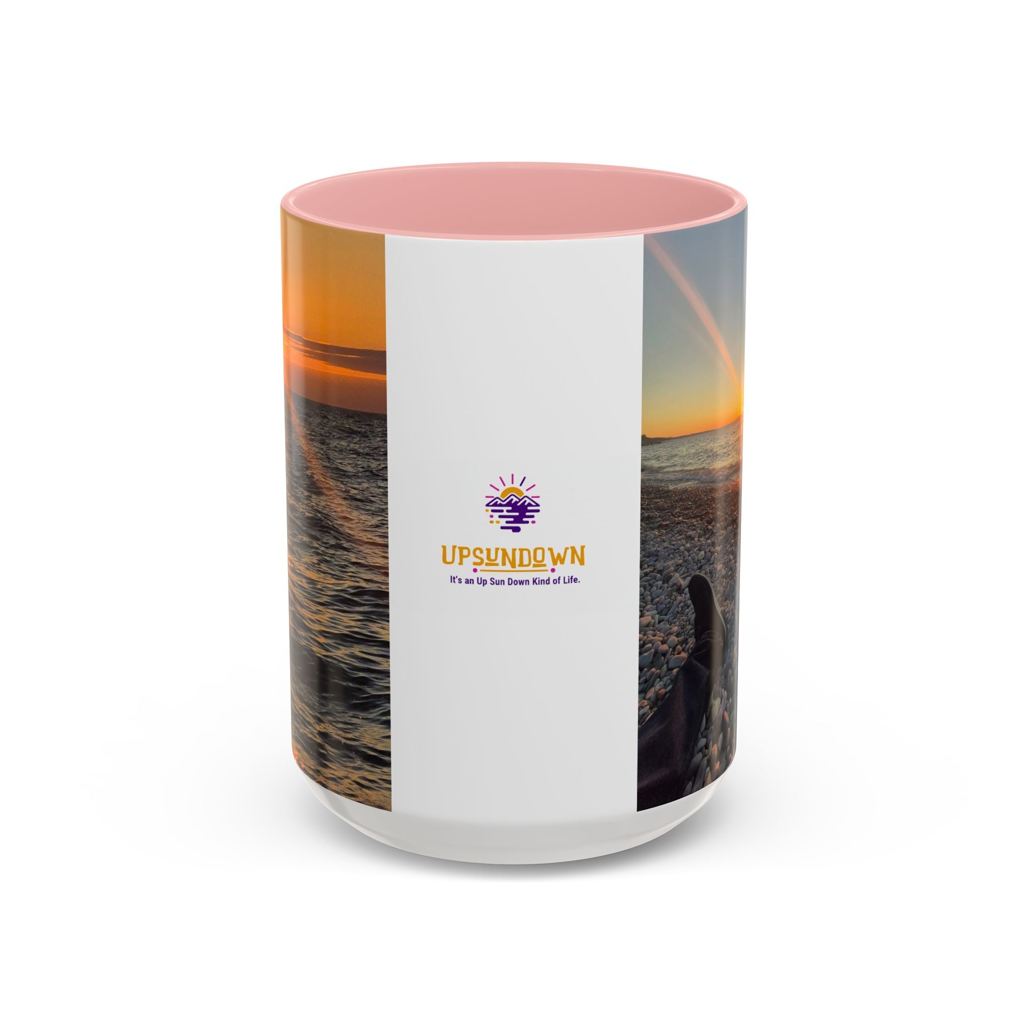 Sunset Beach Photo Accent Coffee Mug — 'UPSUNDOWN' Logo 11/15oz