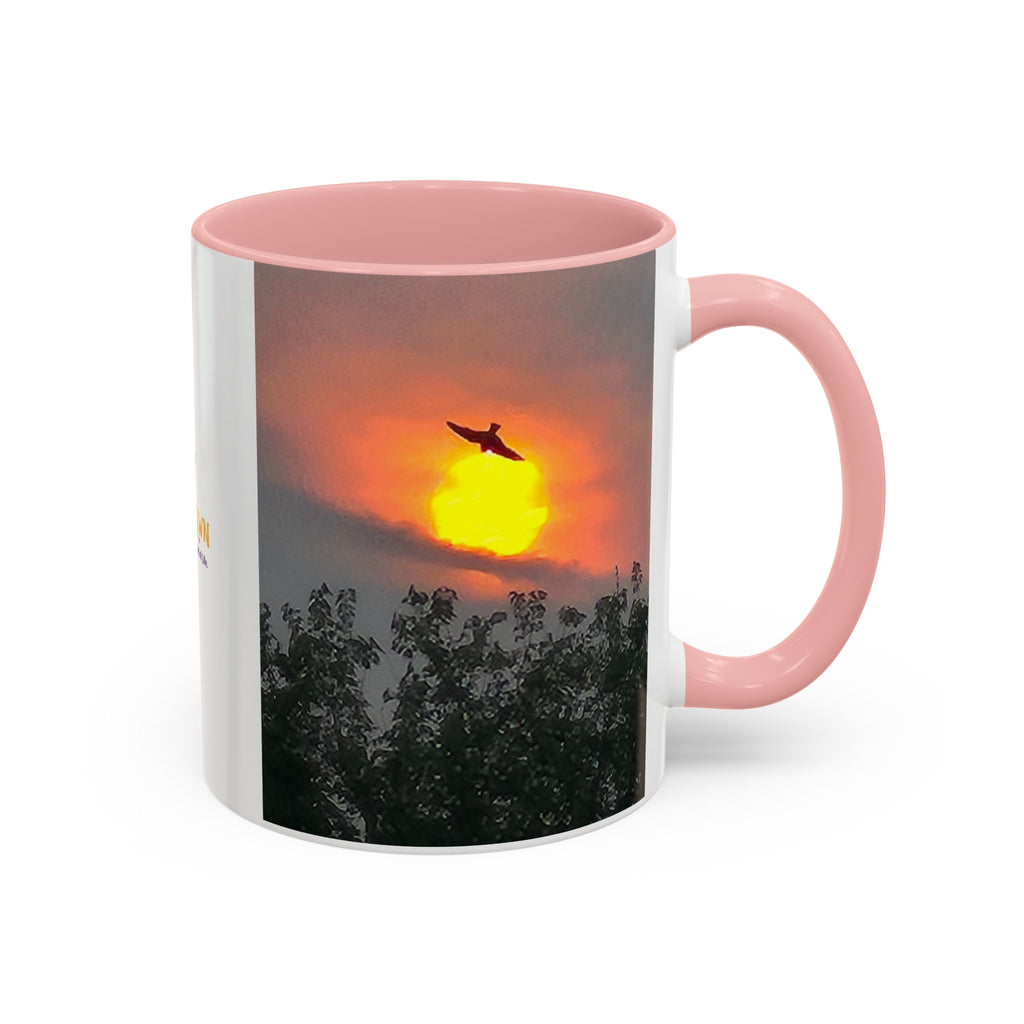 Sunset Bird Accent Coffee Mug — 'Upsindown' Logo Sunrise Scene, 11/15 oz