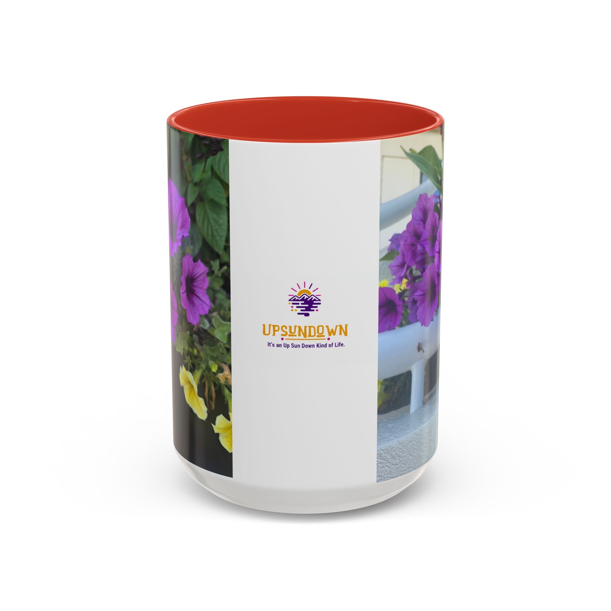 Floral Accent Coffee Mug — "Upsundown" Logo 11/15oz