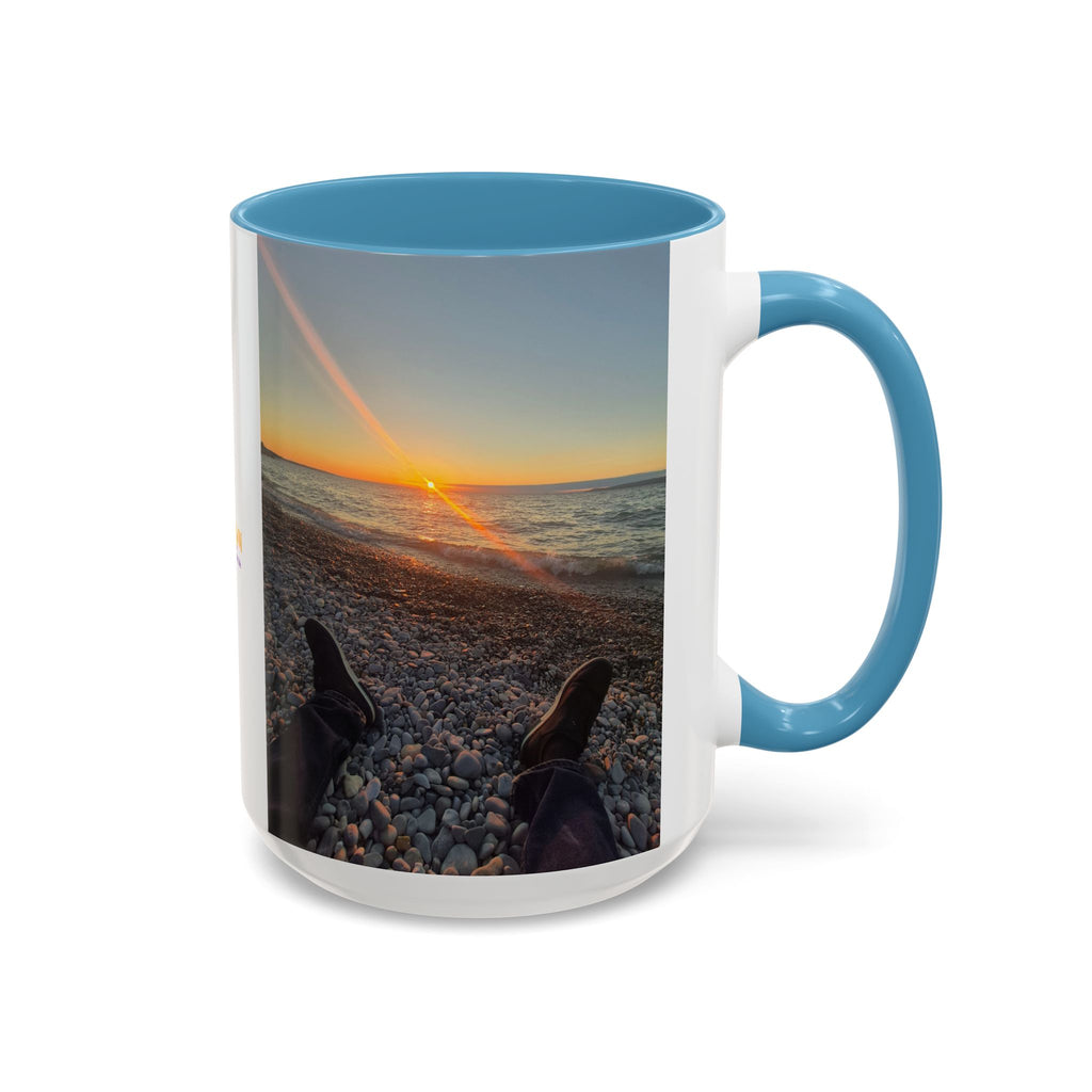 Sunset Beach Photo Accent Coffee Mug — 'UPSUNDOWN' Logo 11/15oz