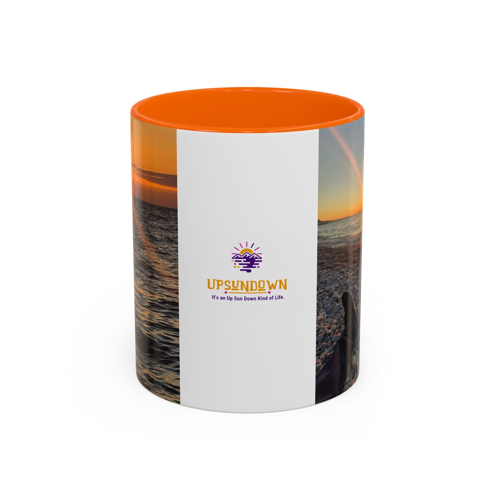 Sunset Beach Photo Accent Coffee Mug — 'UPSUNDOWN' Logo 11/15oz