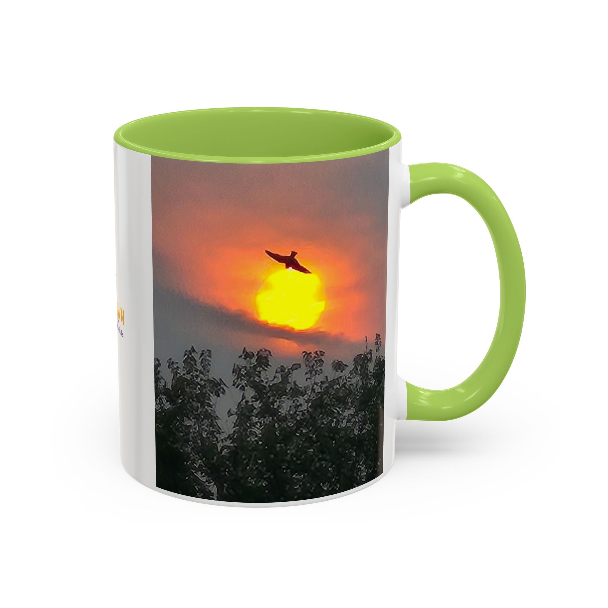Sunset Bird Accent Coffee Mug — 'Upsindown' Logo Sunrise Scene, 11/15 oz