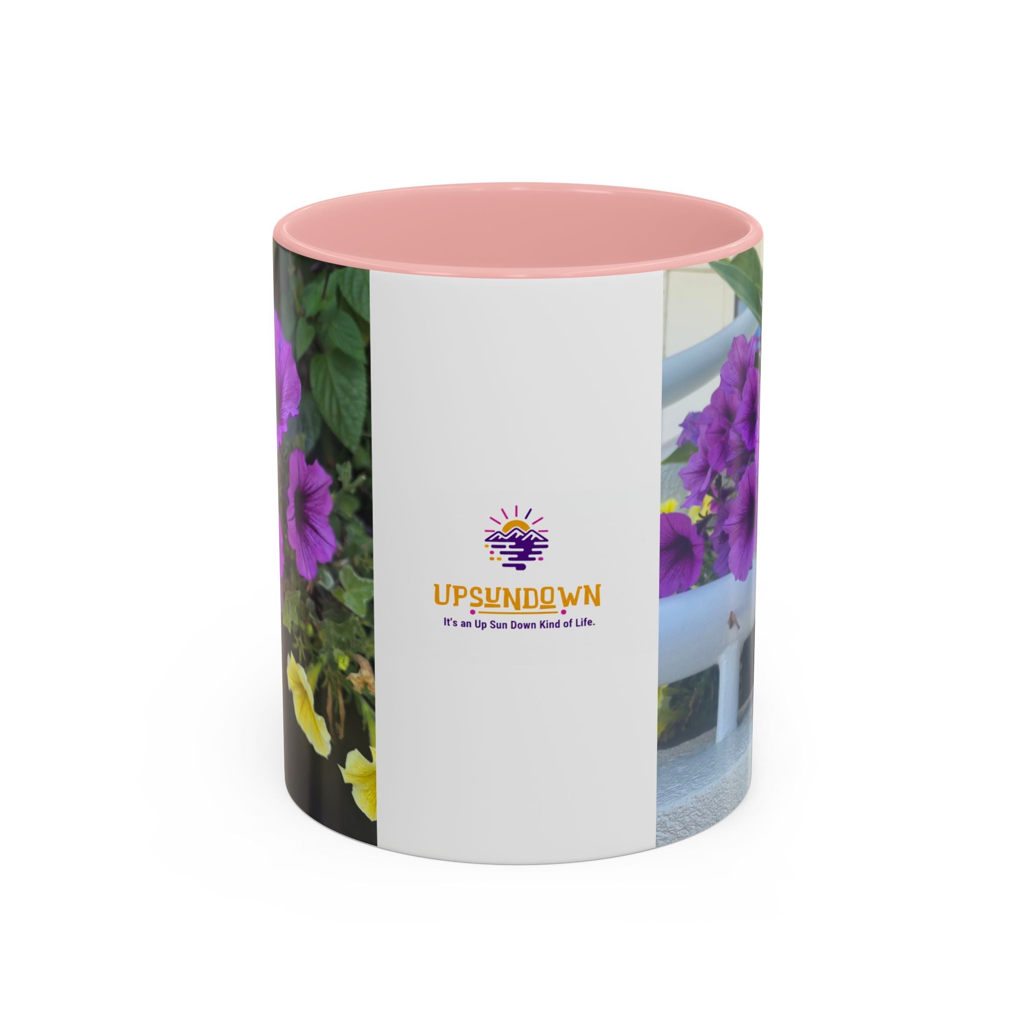 Floral Accent Coffee Mug — "Upsundown" Logo 11/15oz
