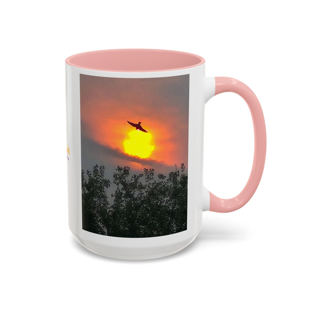 Sunset Bird Accent Coffee Mug — 'Upsindown' Logo Sunrise Scene, 11/15 oz