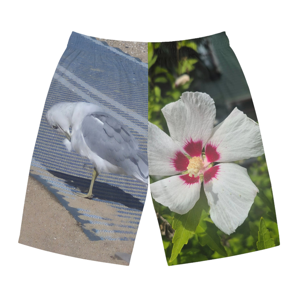 Men's Floral Seagull Board Shorts - Vibrant Beachwear for Summer Adventures