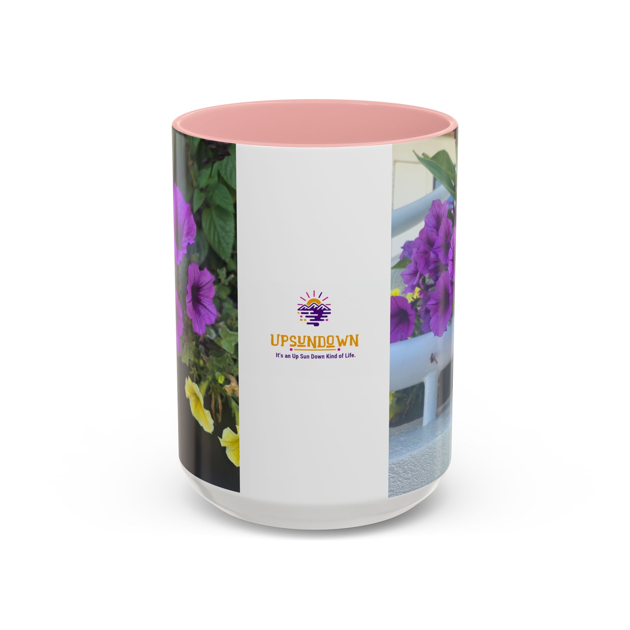 Floral Accent Coffee Mug — "Upsundown" Logo 11/15oz