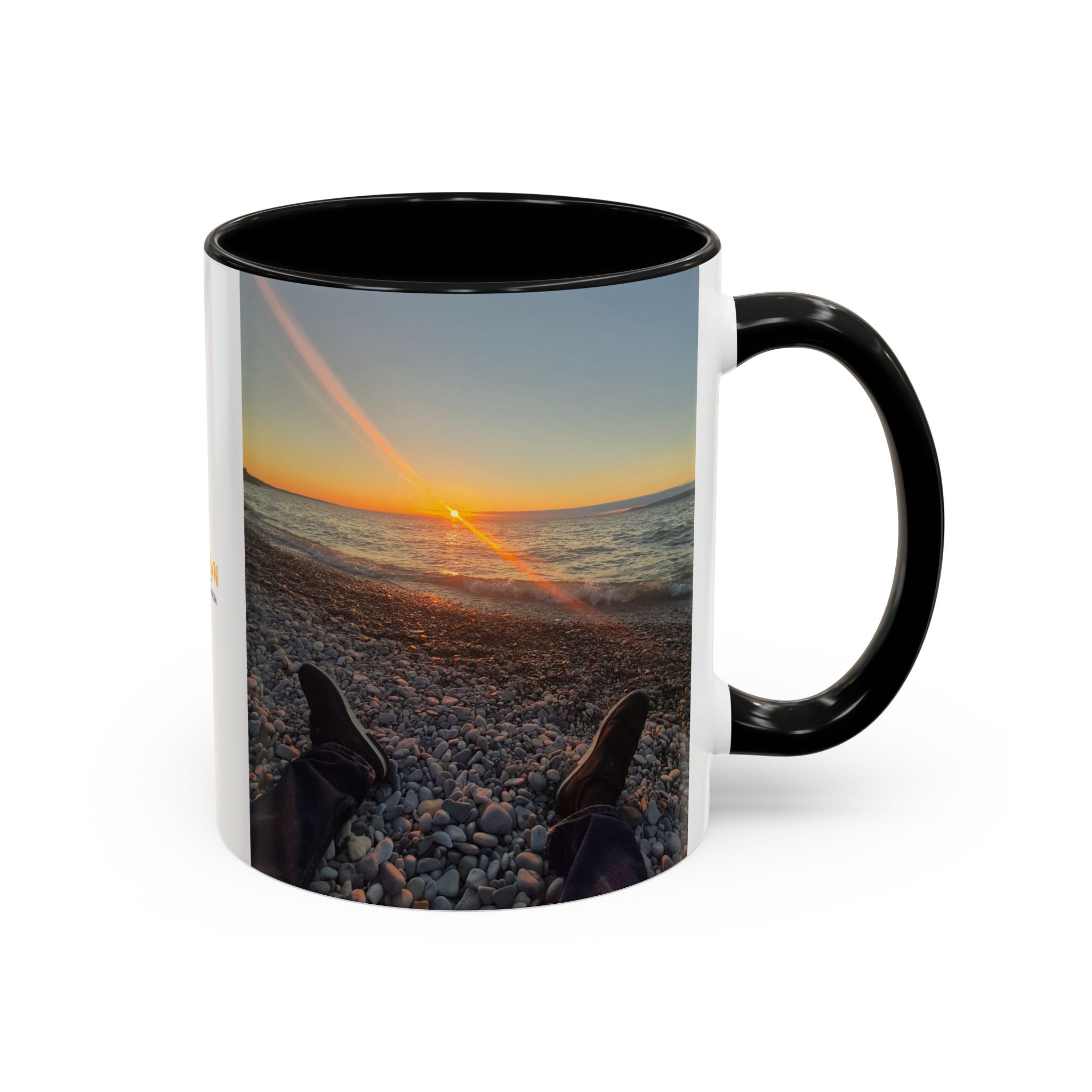 Sunset Beach Photo Accent Coffee Mug — 'UPSUNDOWN' Logo 11/15oz