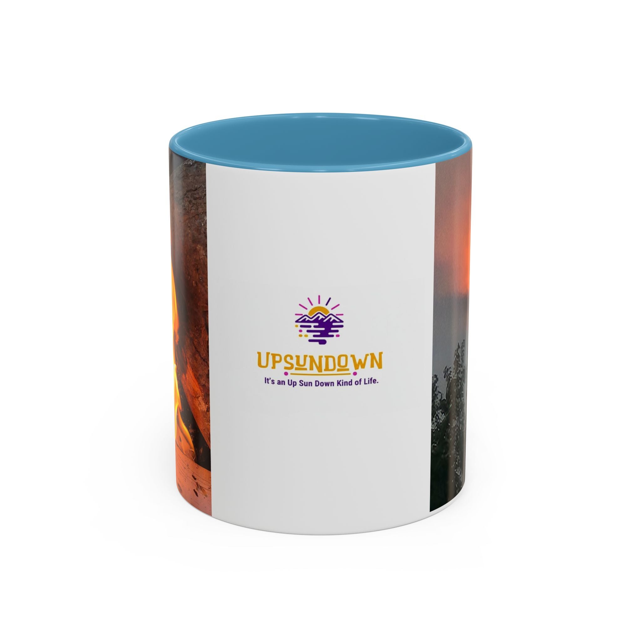 Sunset Bird Accent Coffee Mug — 'Upsindown' Logo Sunrise Scene, 11/15 oz