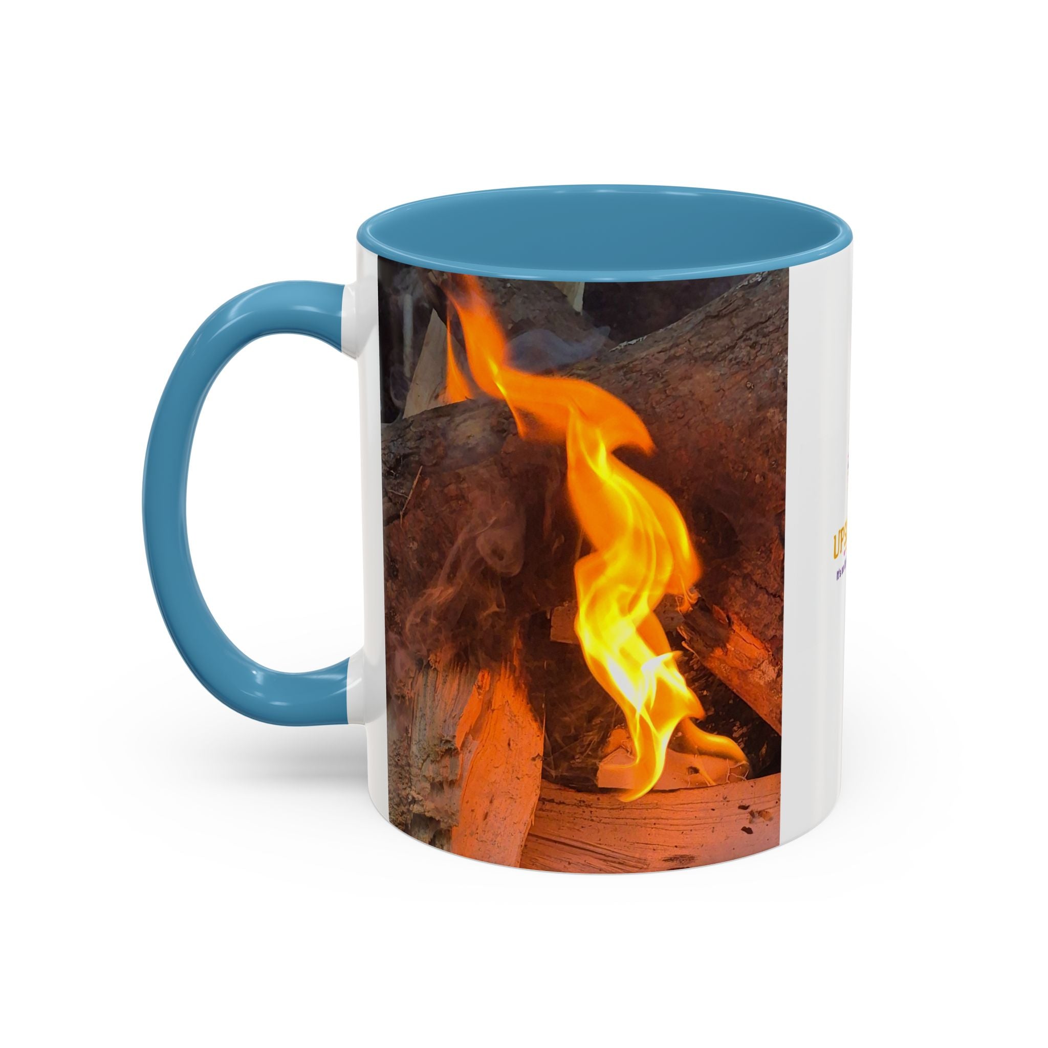 Sunset Bird Accent Coffee Mug — 'Upsindown' Logo Sunrise Scene, 11/15 oz