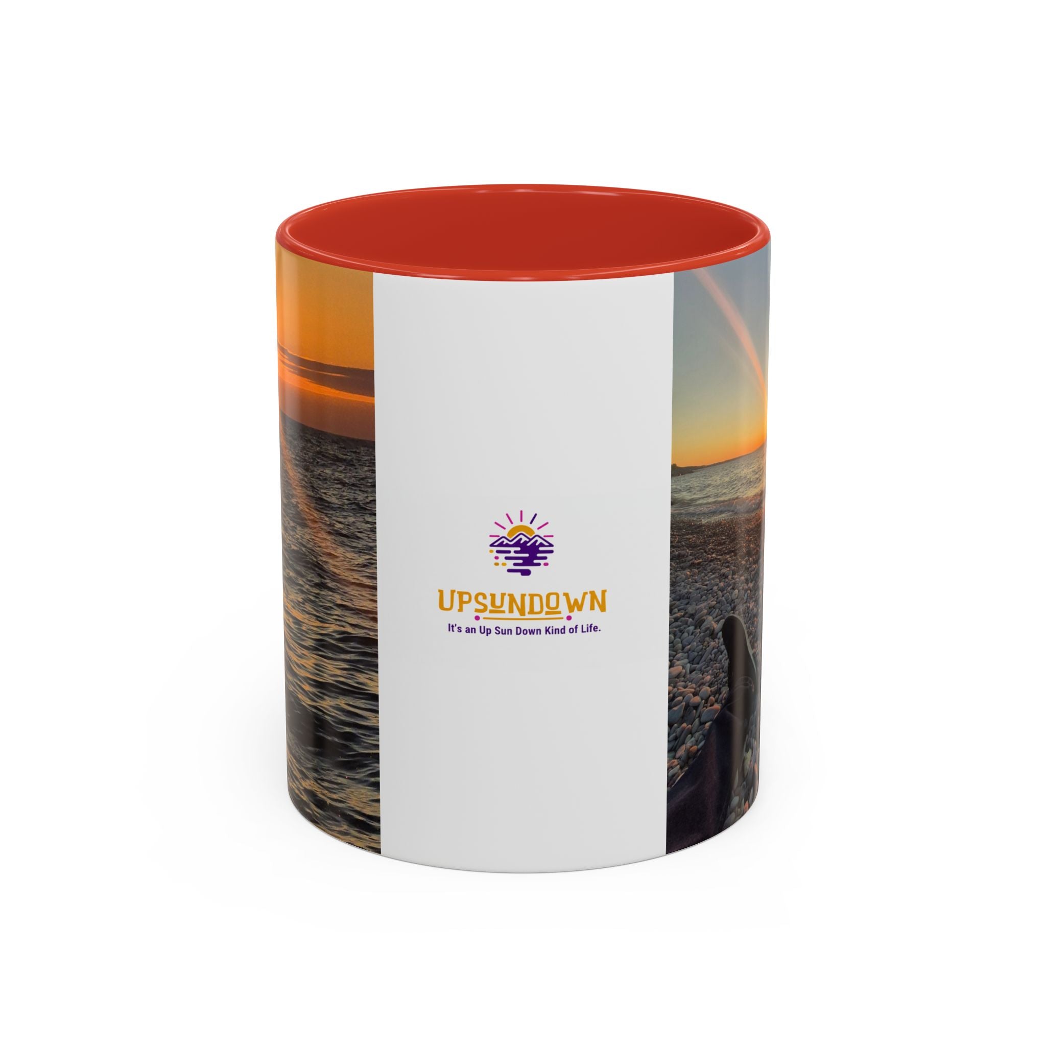 Sunset Beach Photo Accent Coffee Mug — 'UPSUNDOWN' Logo 11/15oz
