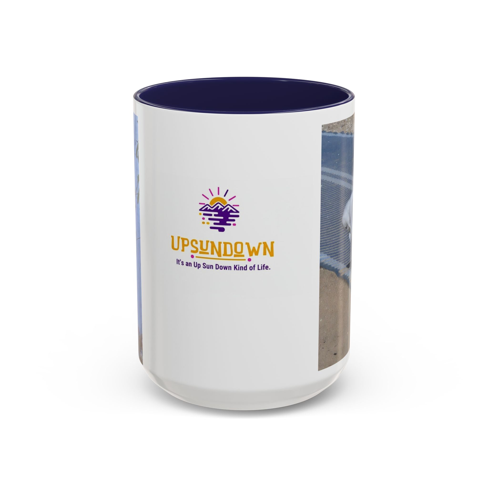 Accent Coffee Mug — 'UpSundown' Scenic Seagull Beach Coffee Mug (11/15oz)