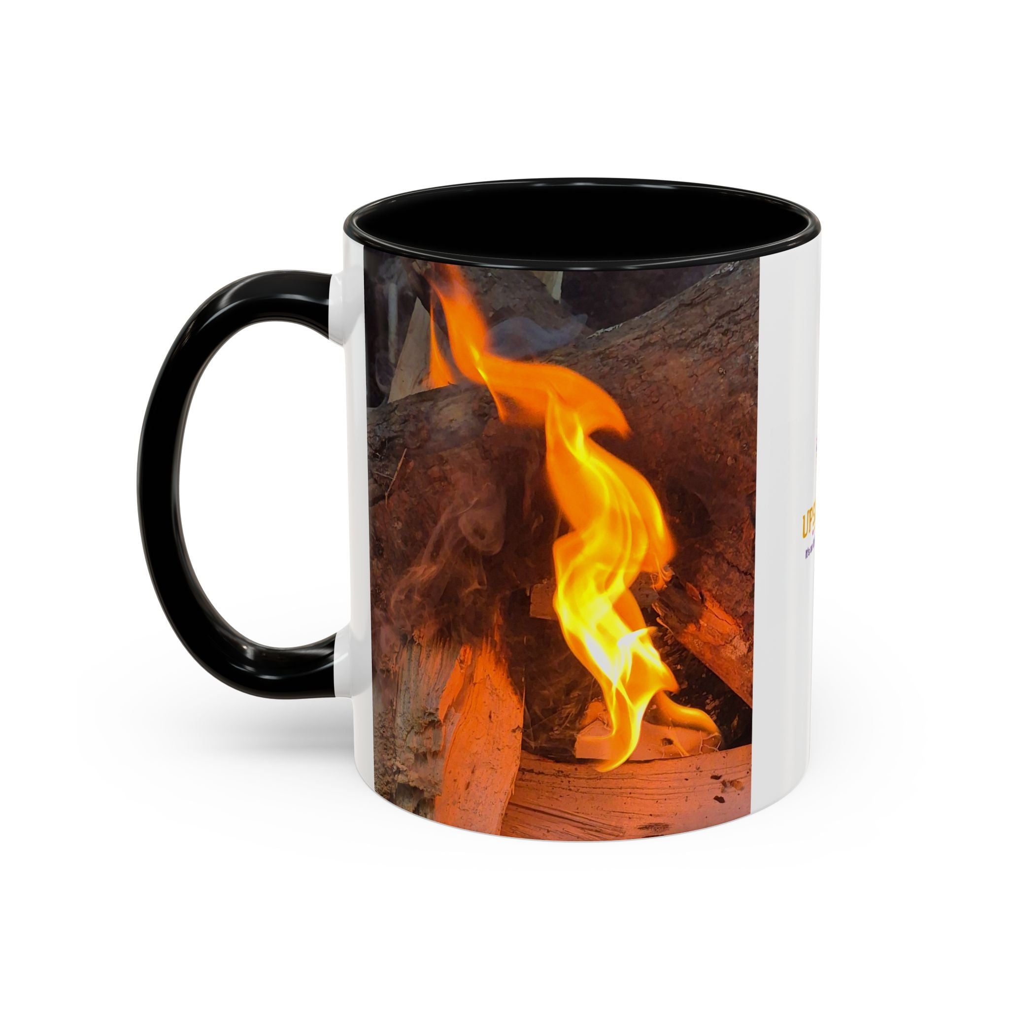 Sunset Bird Accent Coffee Mug — 'Upsindown' Logo Sunrise Scene, 11/15 oz
