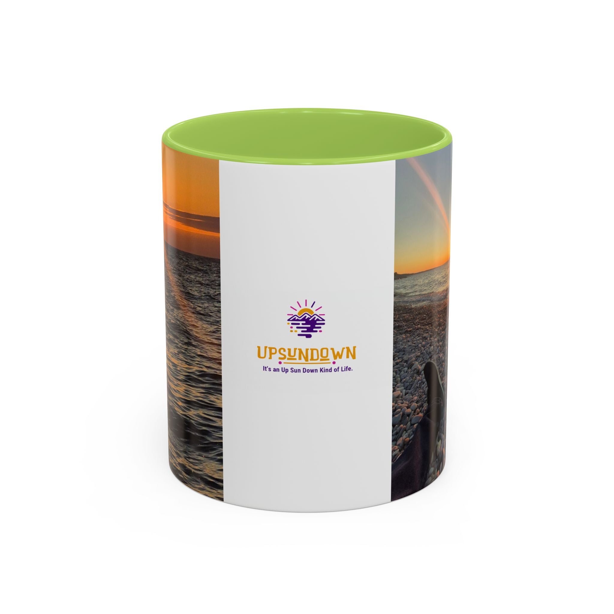 Sunset Beach Photo Accent Coffee Mug — 'UPSUNDOWN' Logo 11/15oz
