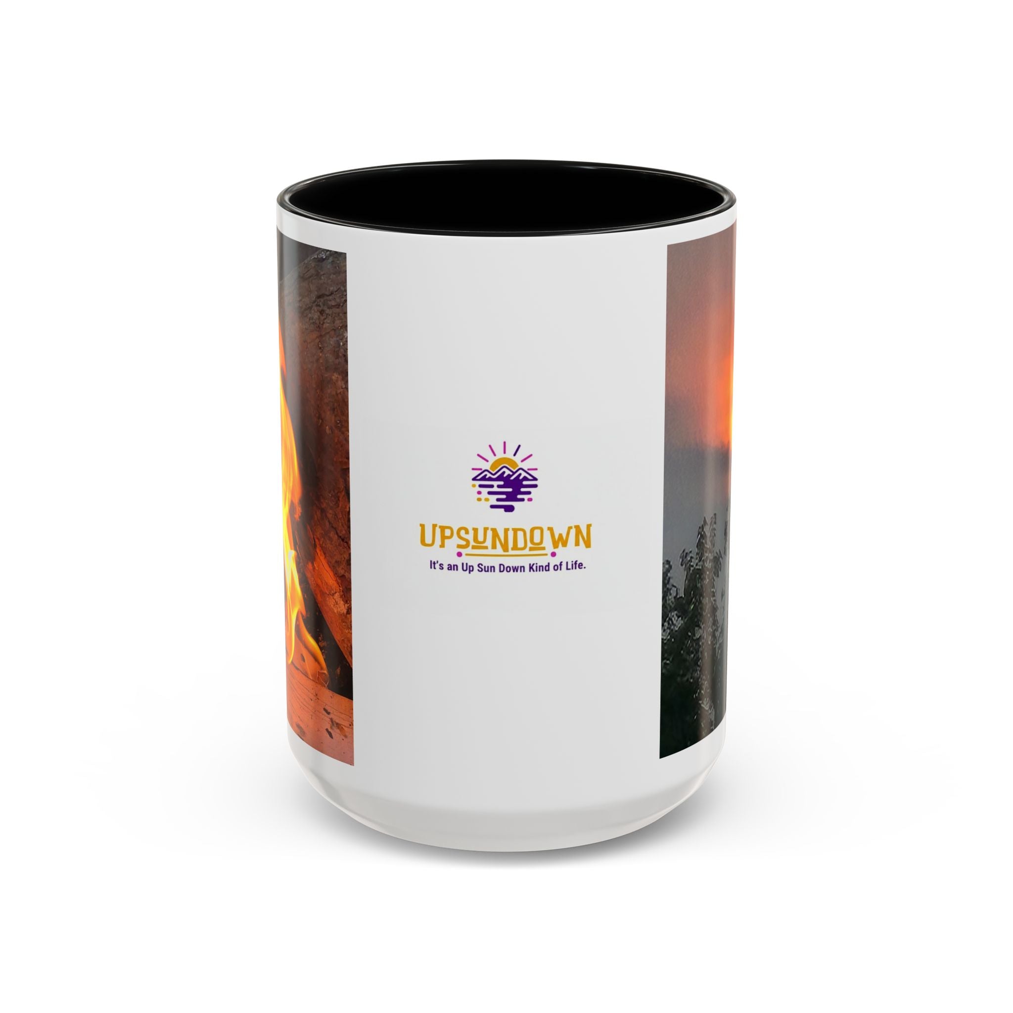 Sunset Bird Accent Coffee Mug — 'Upsindown' Logo Sunrise Scene, 11/15 oz