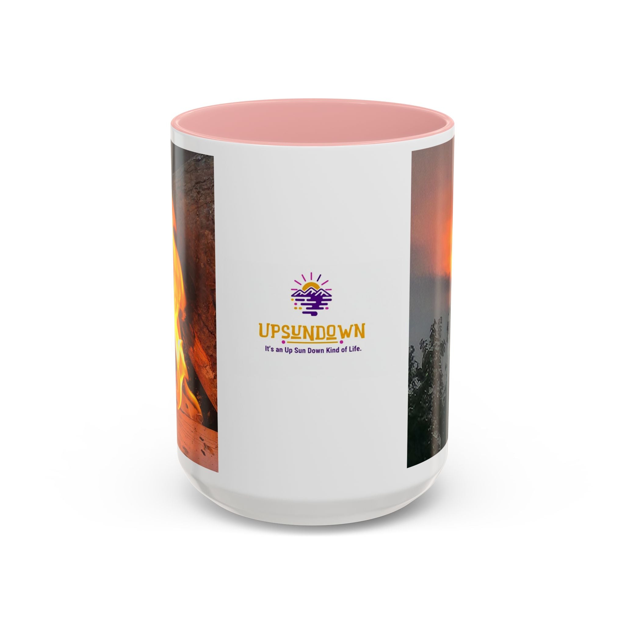 Sunset Bird Accent Coffee Mug — 'Upsindown' Logo Sunrise Scene, 11/15 oz