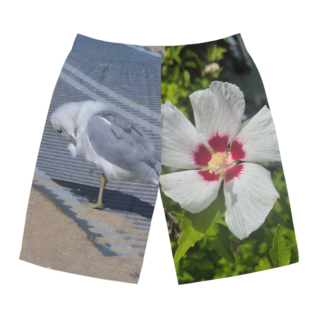Men's Floral Seagull Board Shorts - Vibrant Beachwear for Summer Adventures