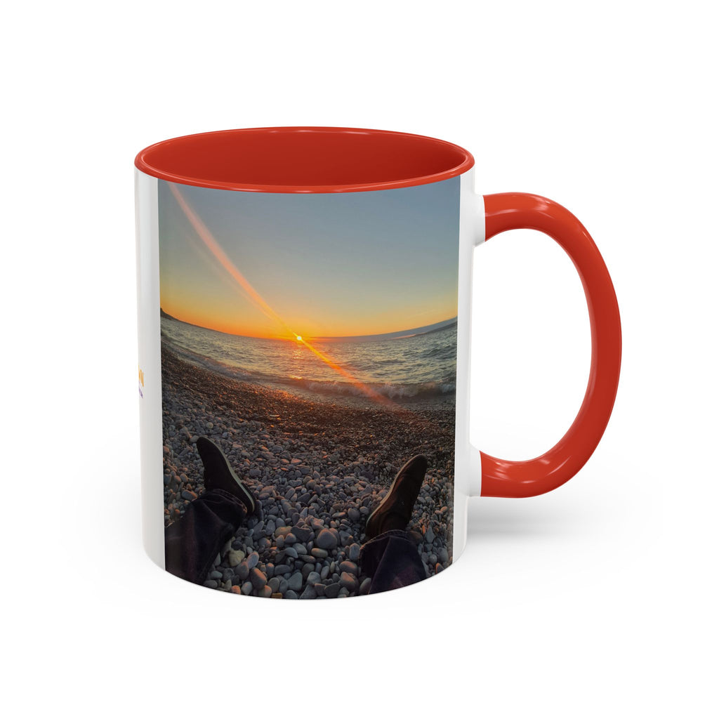 Sunset Beach Photo Accent Coffee Mug — 'UPSUNDOWN' Logo 11/15oz