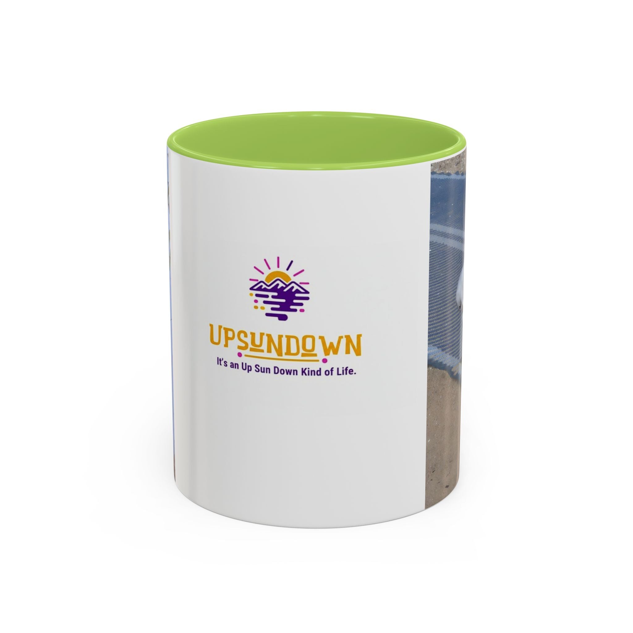 Accent Coffee Mug — 'UpSundown' Scenic Seagull Beach Coffee Mug (11/15oz)