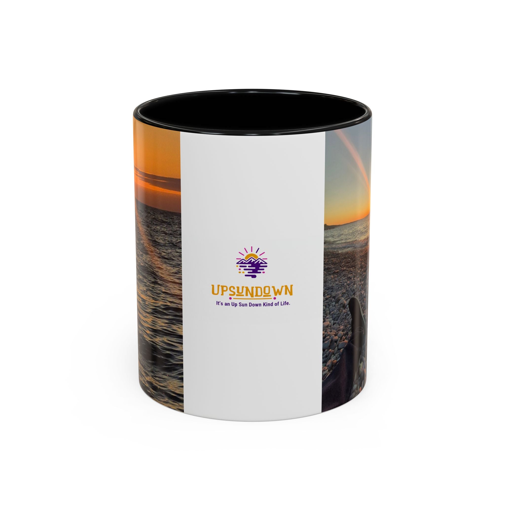 Sunset Beach Photo Accent Coffee Mug — 'UPSUNDOWN' Logo 11/15oz