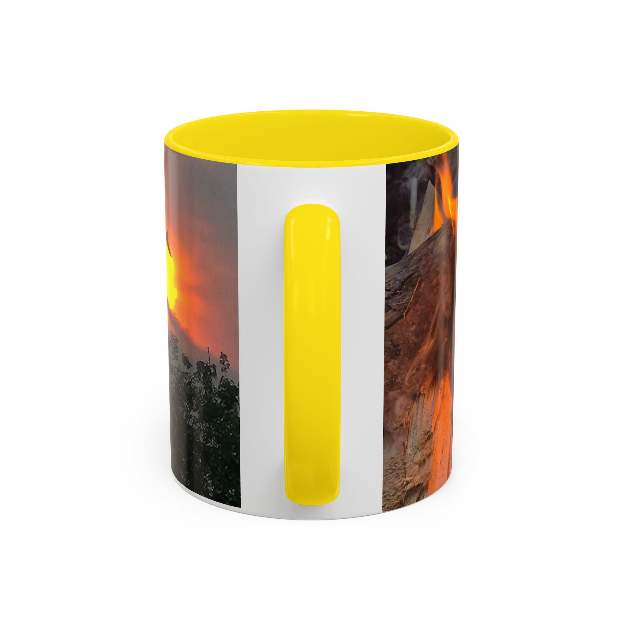 Sunset Bird Accent Coffee Mug — 'Upsindown' Logo Sunrise Scene, 11/15 oz
