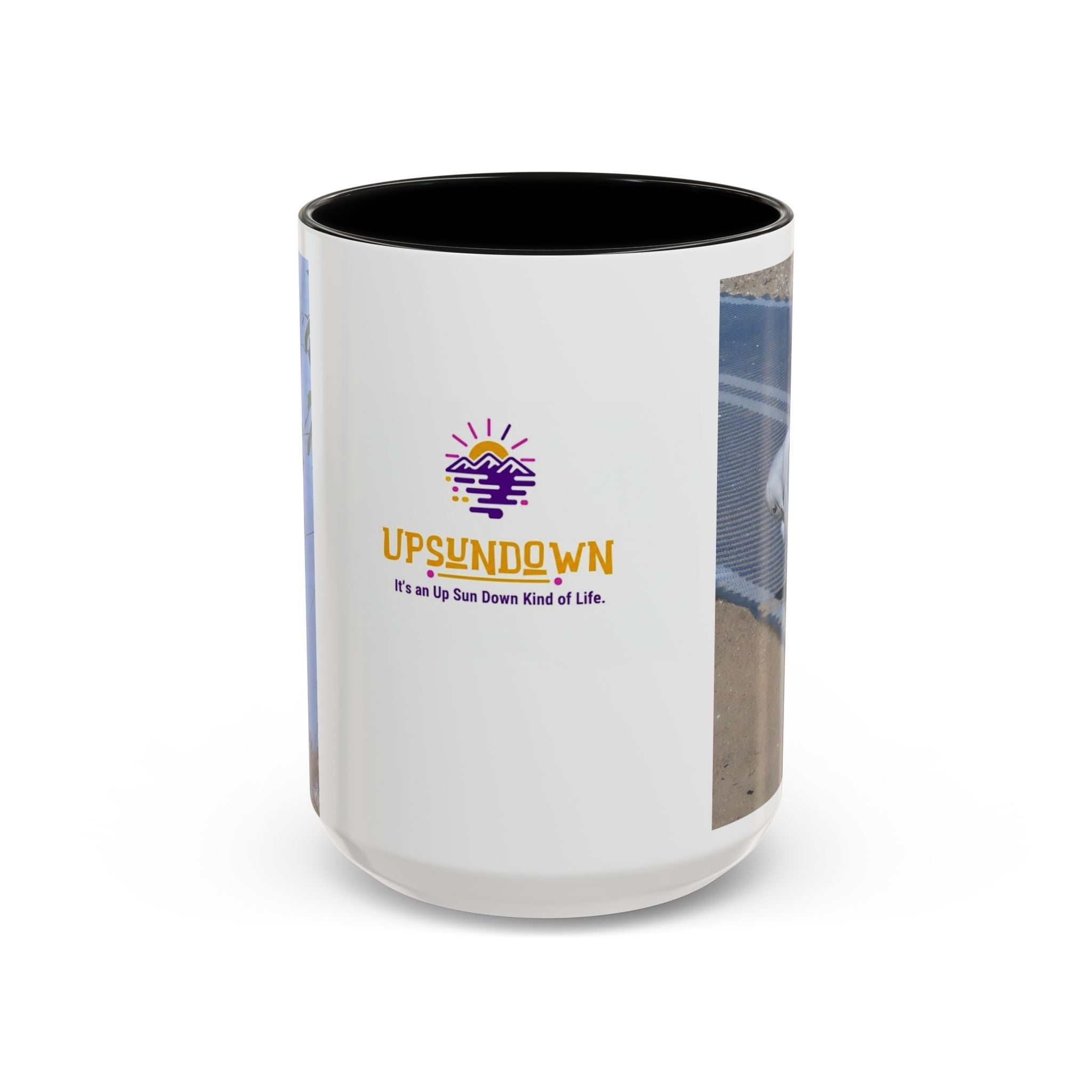 Accent Coffee Mug — 'UpSundown' Scenic Seagull Beach Coffee Mug (11/15oz)