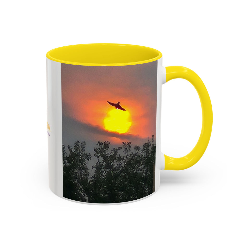Sunset Bird Accent Coffee Mug — 'Upsindown' Logo Sunrise Scene, 11/15 oz