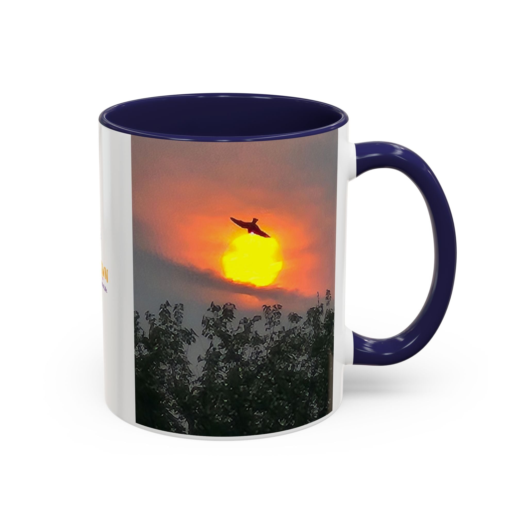 Sunset Bird Accent Coffee Mug — 'Upsindown' Logo Sunrise Scene, 11/15 oz
