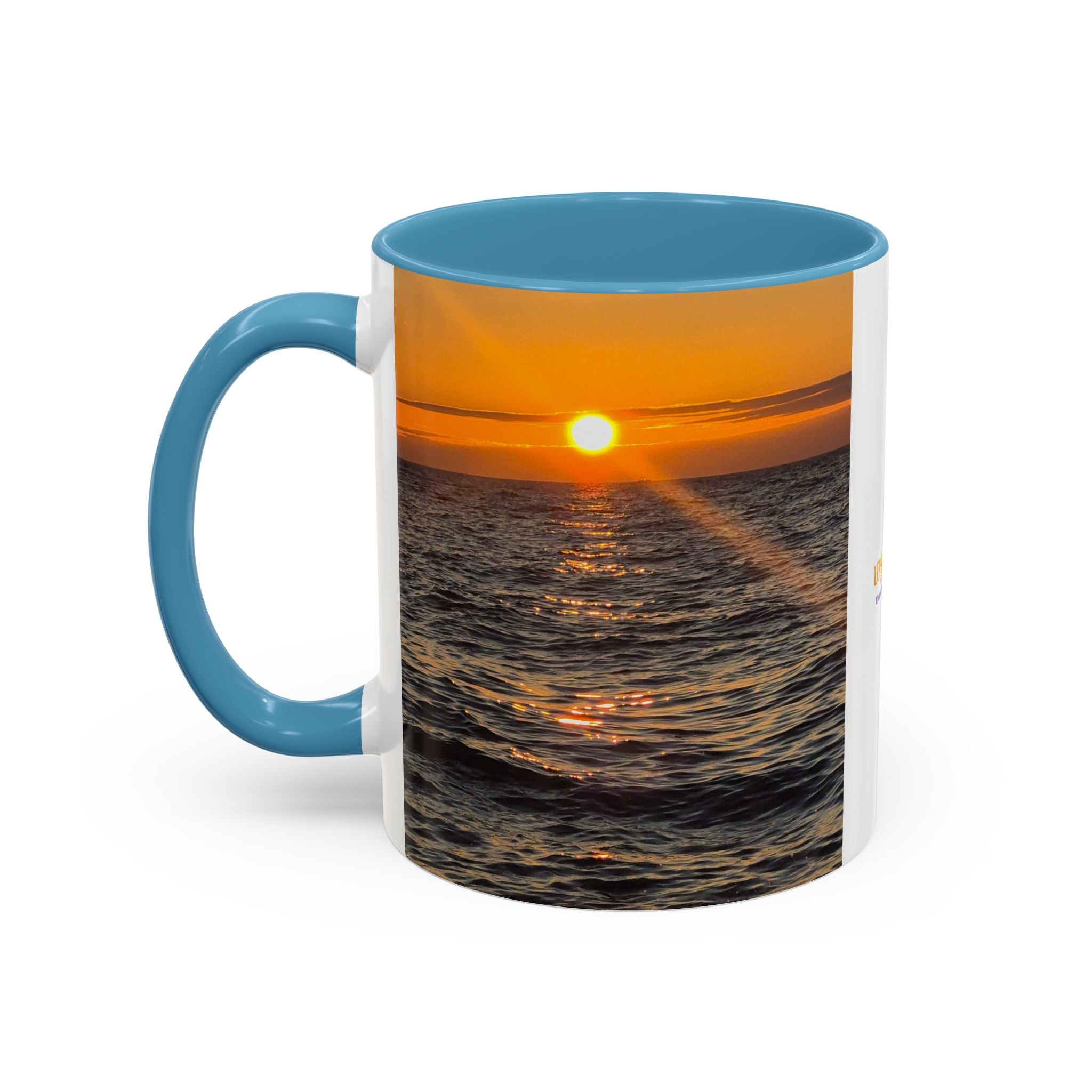 Sunset Beach Photo Accent Coffee Mug — 'UPSUNDOWN' Logo 11/15oz