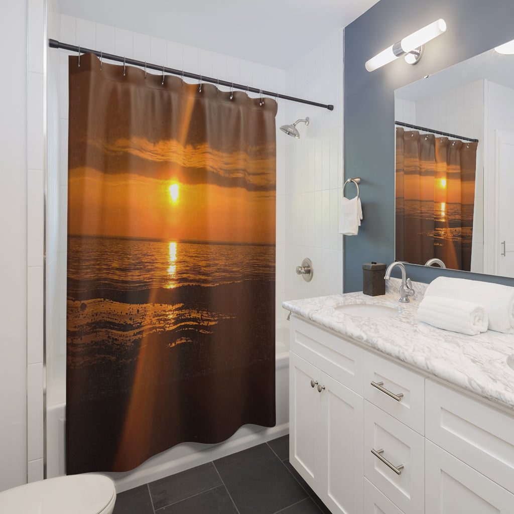 Sunset Ocean Shower Curtain — Warm Beach Sunset Bathroom Decor