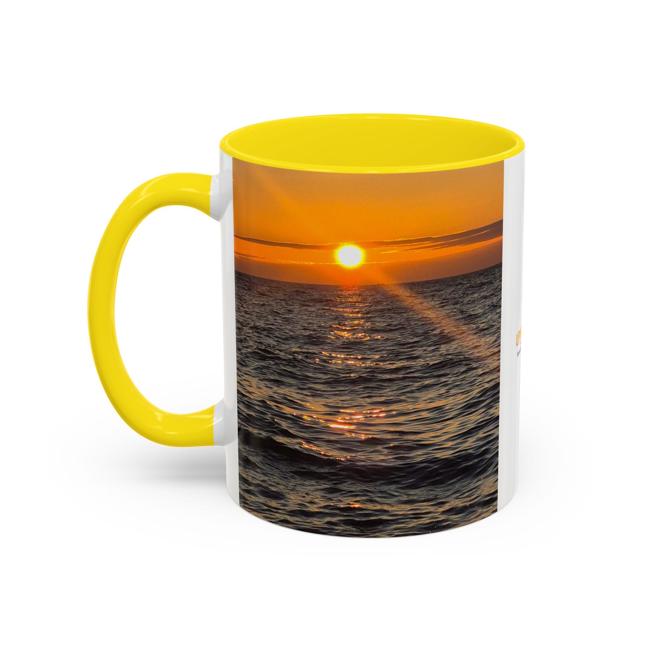 Sunset Beach Photo Accent Coffee Mug — 'UPSUNDOWN' Logo 11/15oz