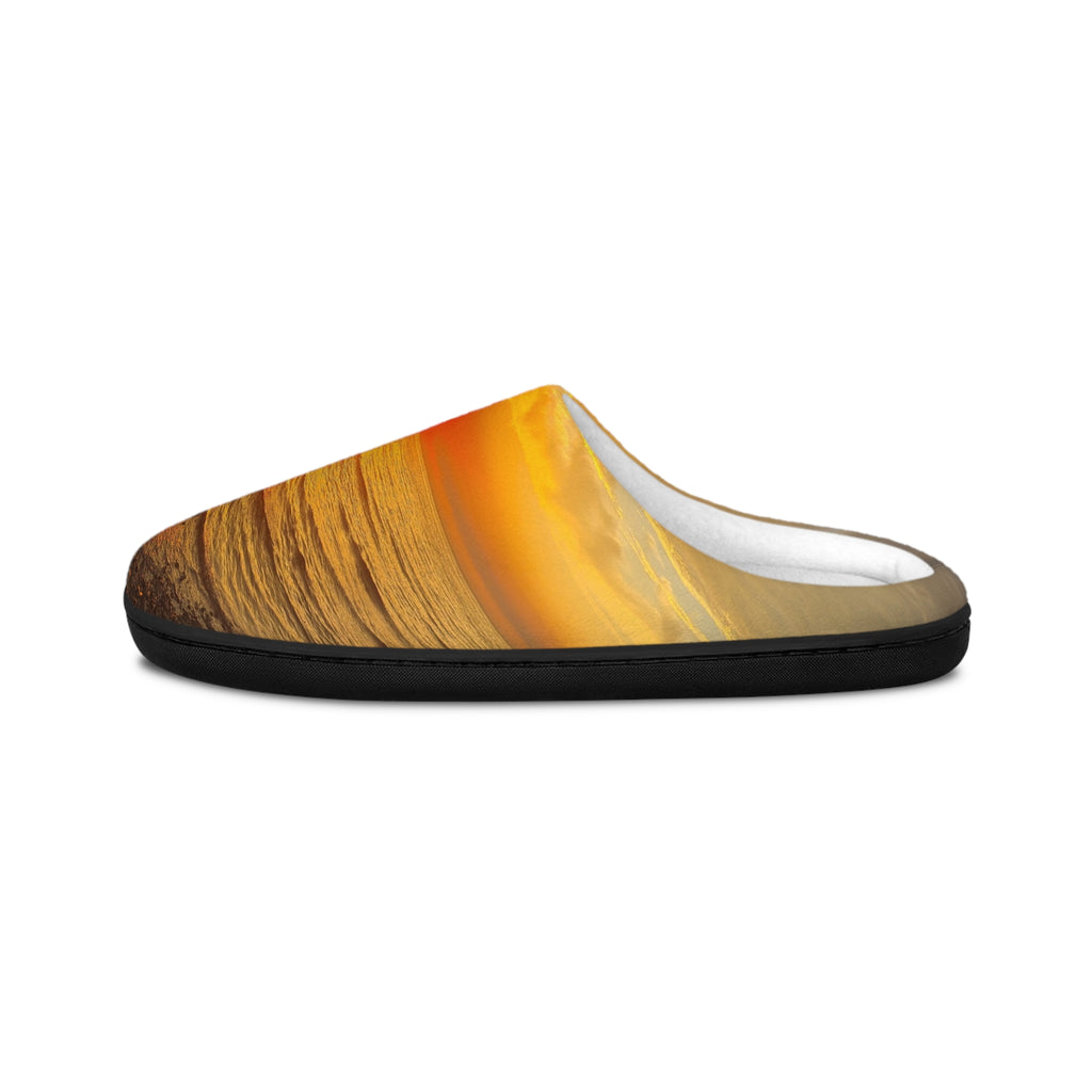 Sunset Waves Men's Indoor Slippers — Warm Orange Beach Print