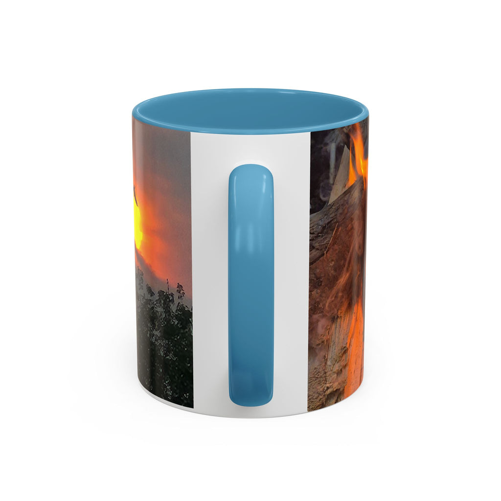 Sunset Bird Accent Coffee Mug — 'Upsindown' Logo Sunrise Scene, 11/15 oz