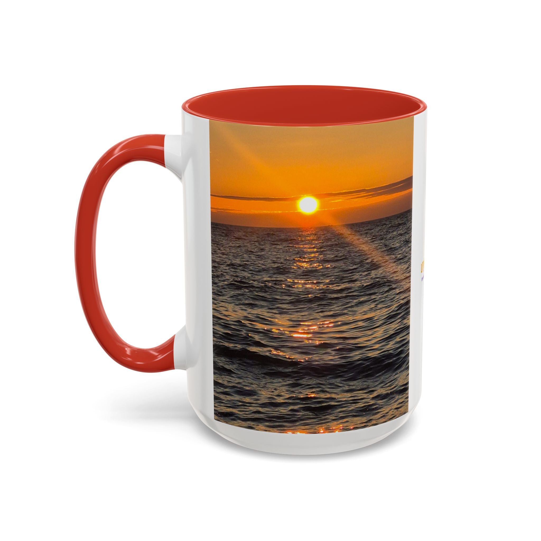 Sunset Beach Photo Accent Coffee Mug — 'UPSUNDOWN' Logo 11/15oz