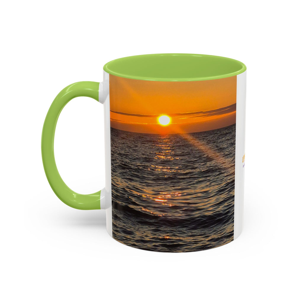 Sunset Beach Photo Accent Coffee Mug — 'UPSUNDOWN' Logo 11/15oz