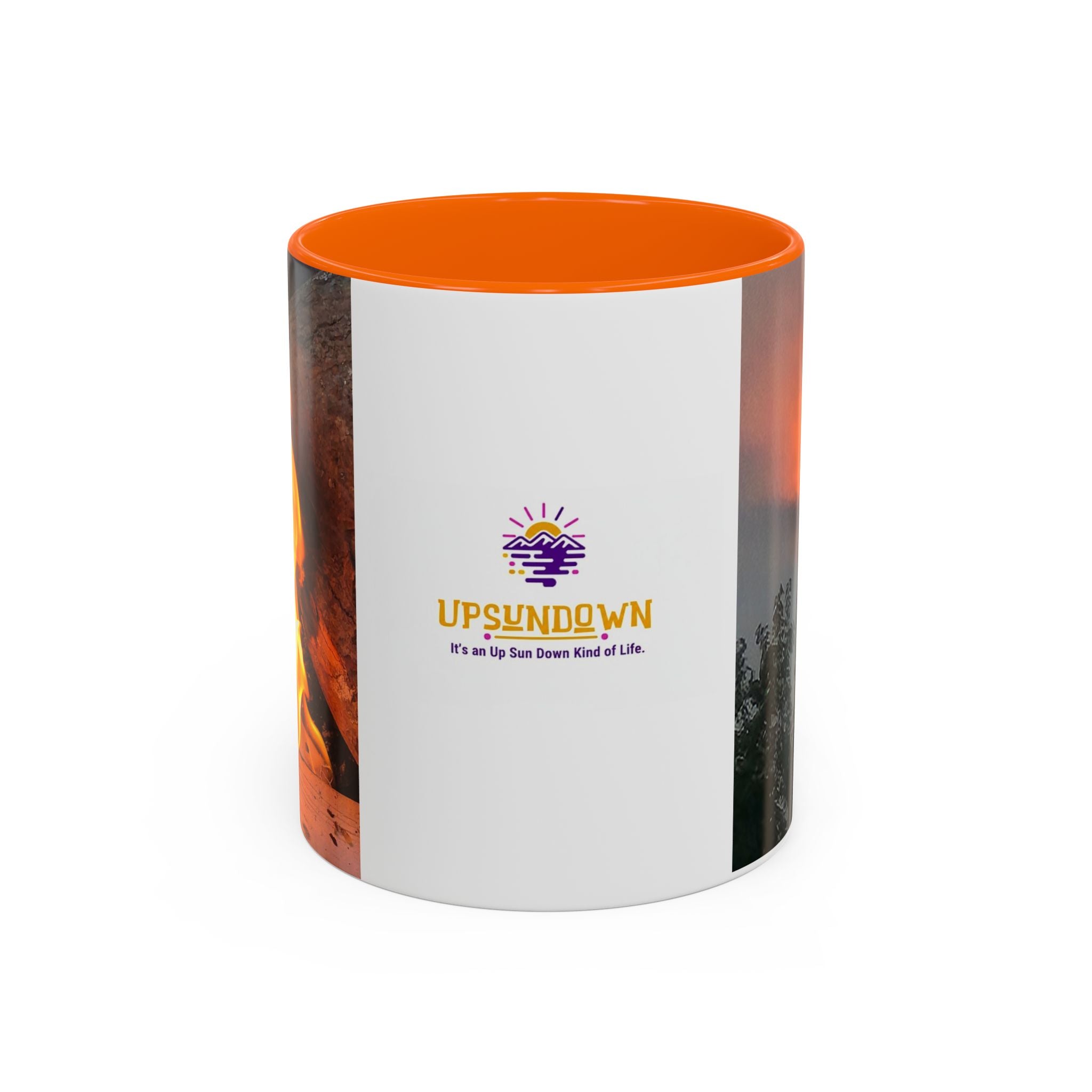 Sunset Bird Accent Coffee Mug — 'Upsindown' Logo Sunrise Scene, 11/15 oz